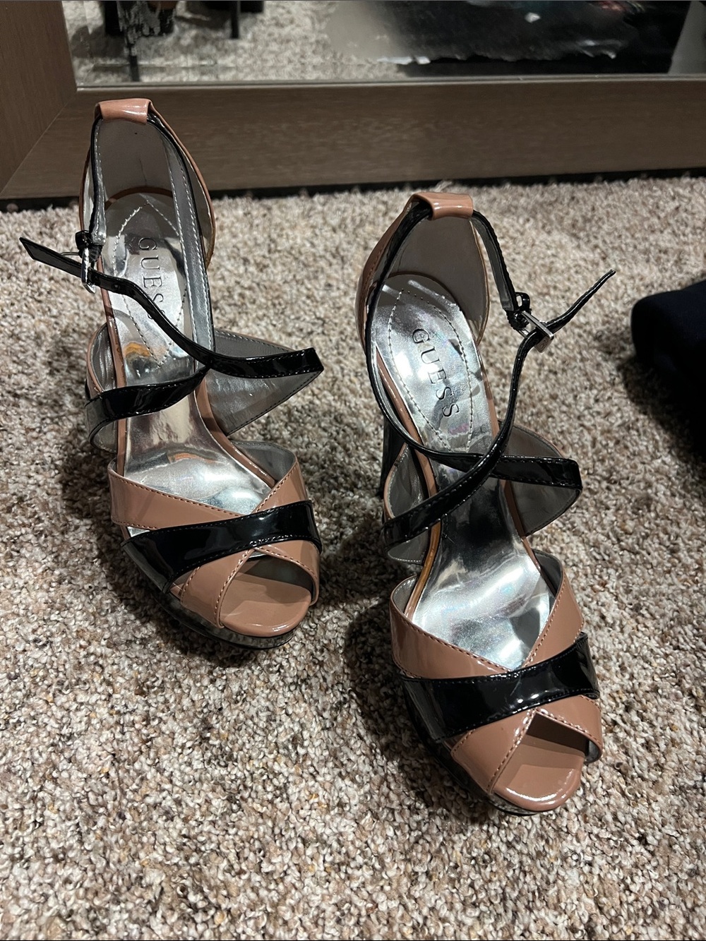 GUESS Black and Nude Patent Strappy High Heel Sandals